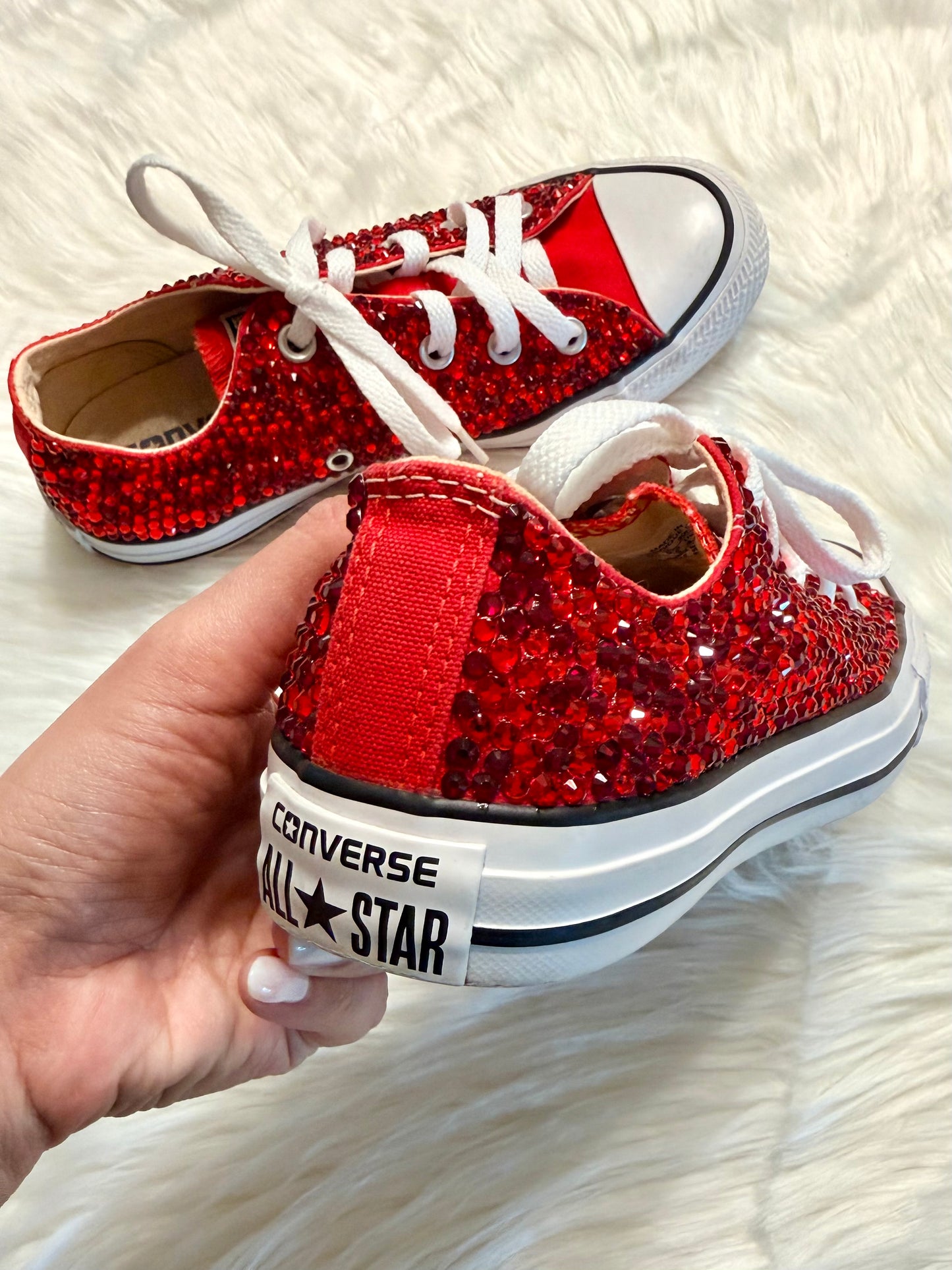MADE TO ORDER | Bedazzled Scarlet Low Top Trainers Converse