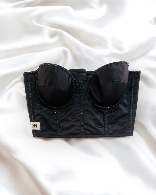 Black Mate Satin corset with rhinestones